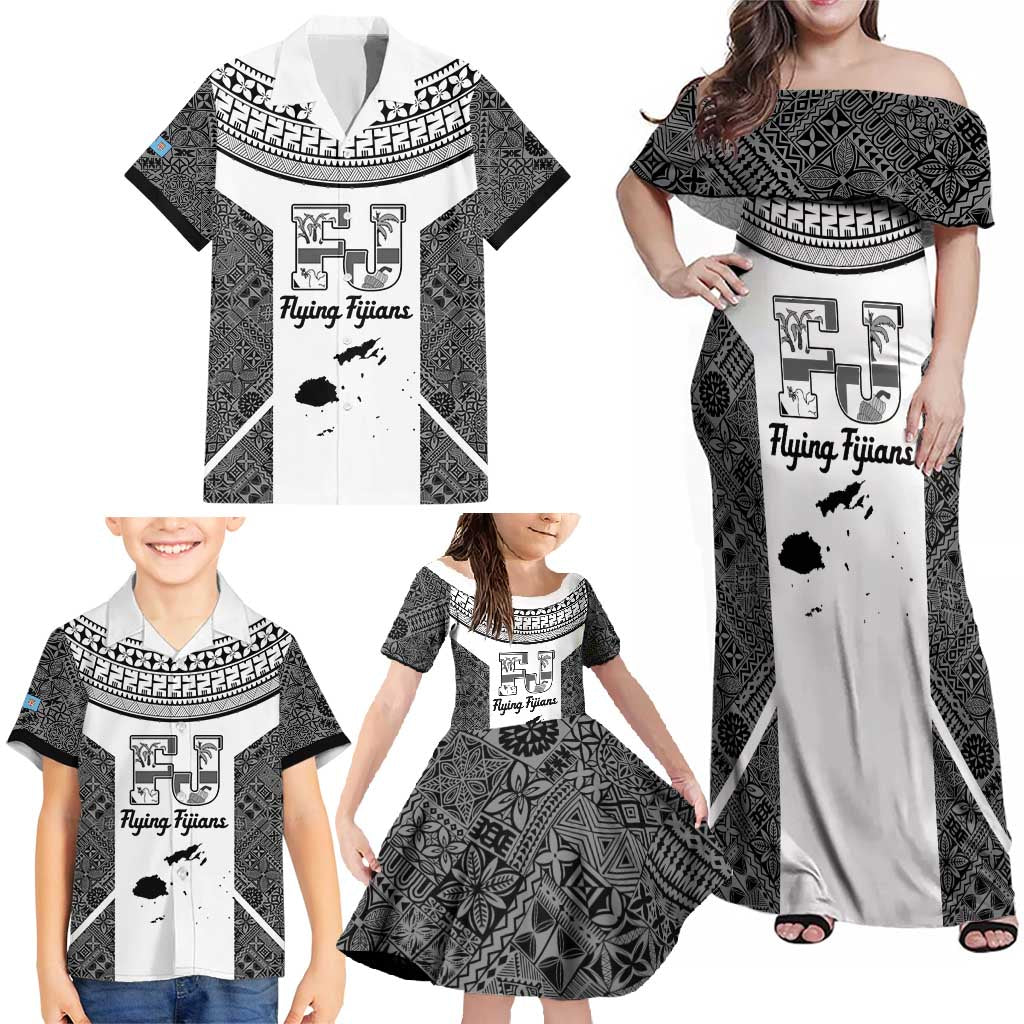 Custom Fiji Tapa Rugby Family Matching Off Shoulder Maxi Dress and Hawaiian Shirt Flying Fijian Black And White Version LT14 - Polynesian Pride