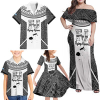 Custom Fiji Tapa Rugby Family Matching Off Shoulder Maxi Dress and Hawaiian Shirt Flying Fijian Black And White Version LT14 - Polynesian Pride