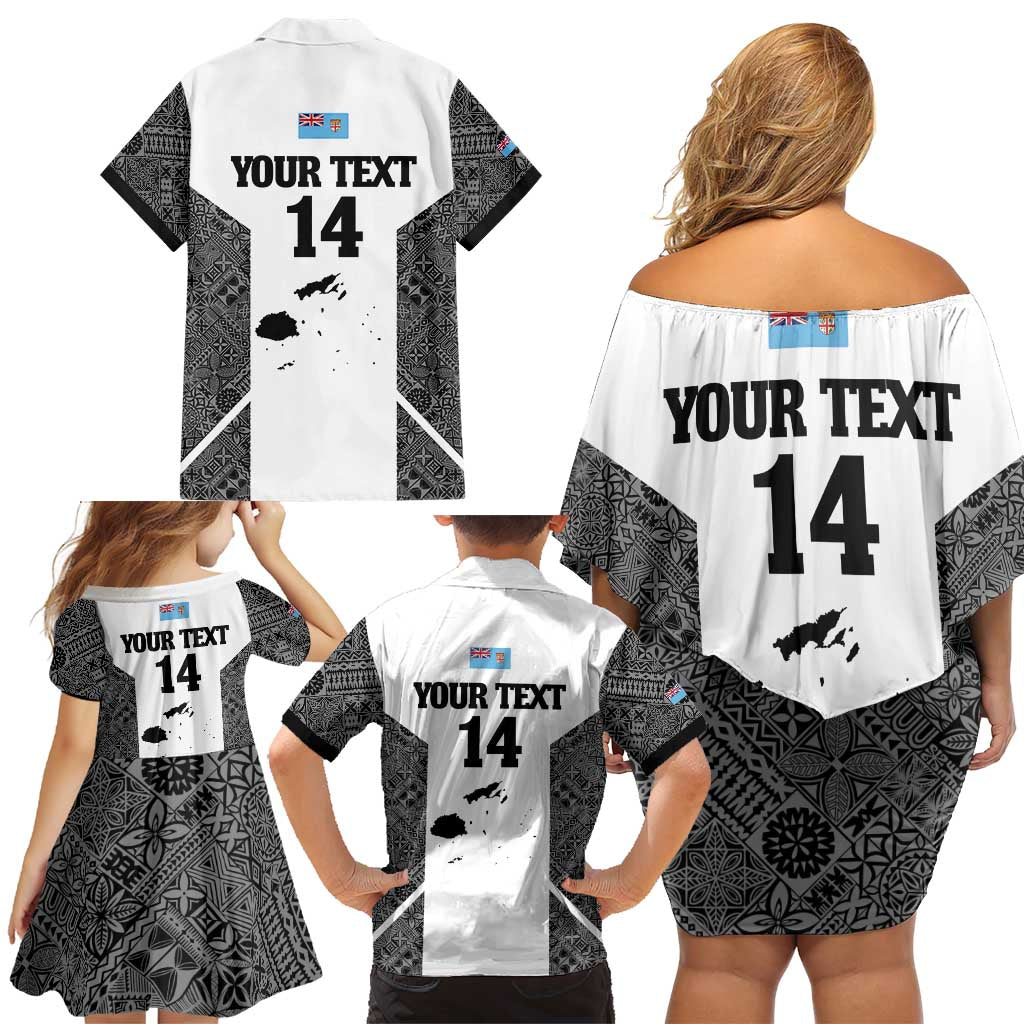 Custom Fiji Tapa Rugby Family Matching Off Shoulder Short Dress and Hawaiian Shirt Flying Fijian Black And White Version LT14 - Polynesian Pride