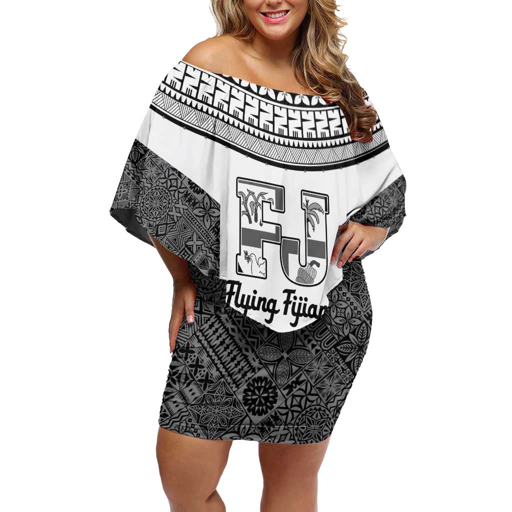 Custom Fiji Tapa Rugby Family Matching Off Shoulder Short Dress and Hawaiian Shirt Flying Fijian Black And White Version LT14 Mom's Dress Black - Polynesian Pride