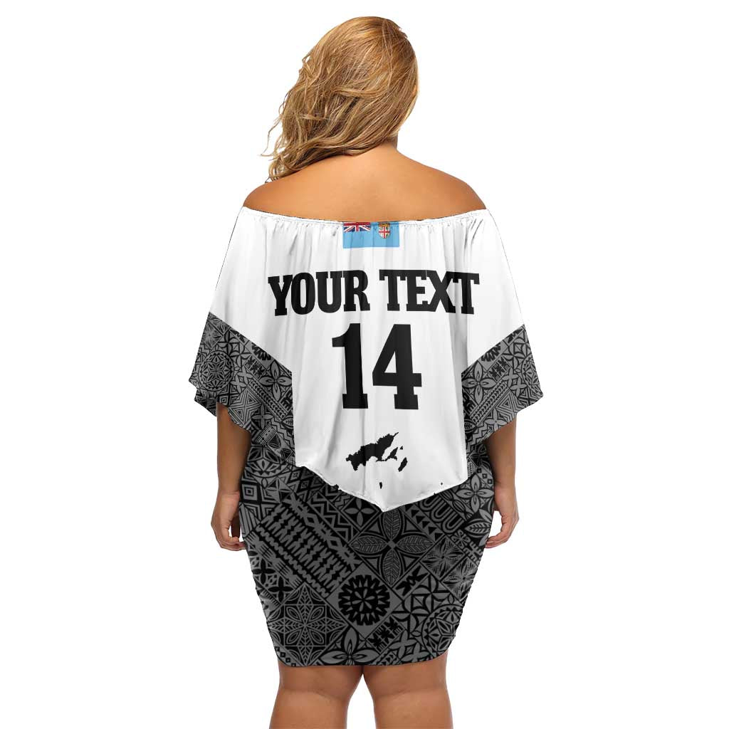 Custom Fiji Tapa Rugby Family Matching Off Shoulder Short Dress and Hawaiian Shirt Flying Fijian Black And White Version LT14 - Polynesian Pride
