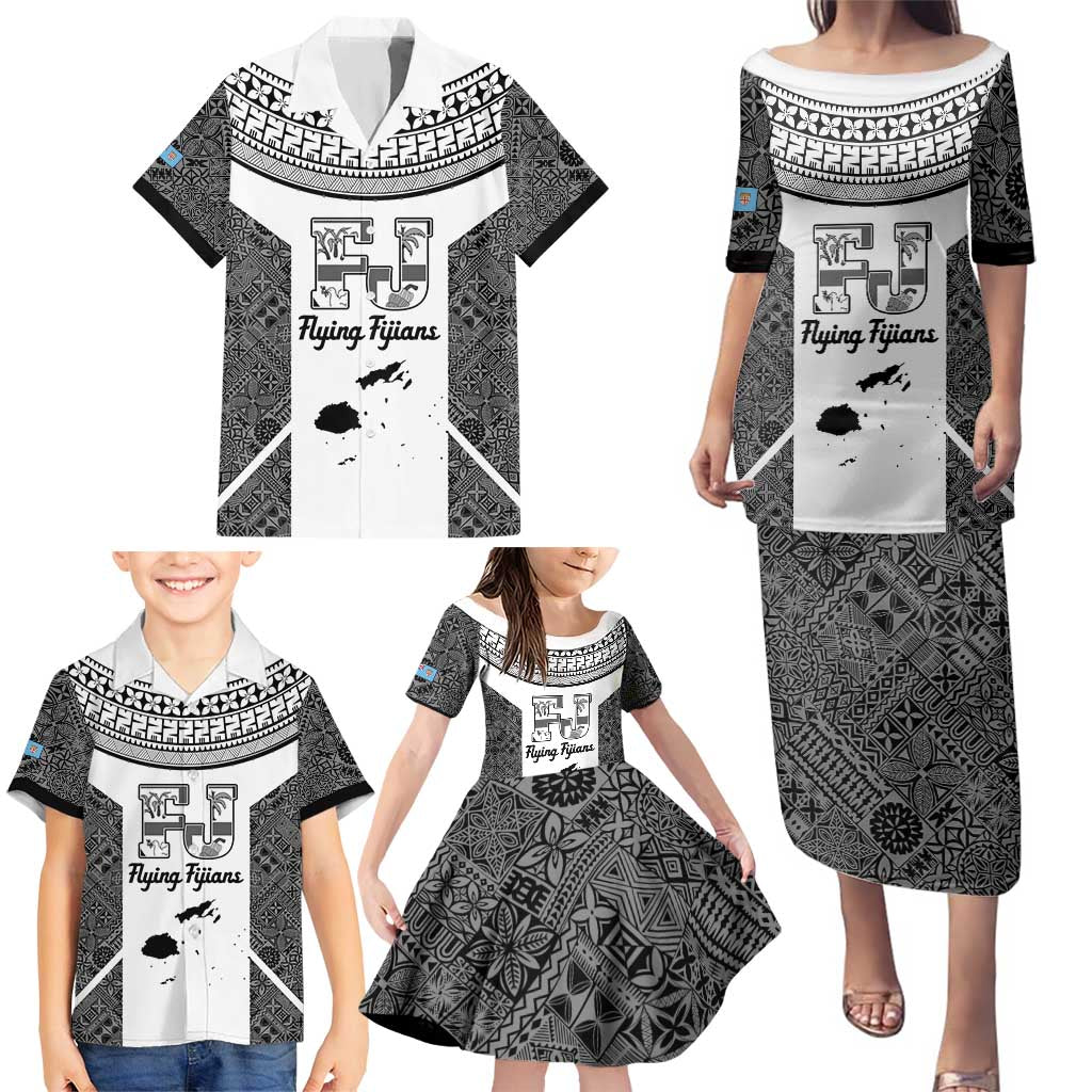 Custom Fiji Tapa Rugby Family Matching Puletasi and Hawaiian Shirt Flying Fijian Black And White Version