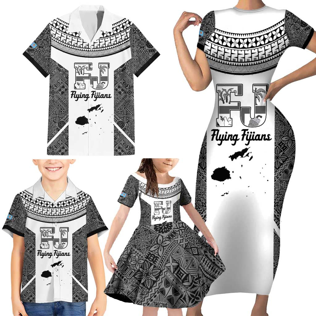 Custom Fiji Tapa Rugby Family Matching Short Sleeve Bodycon Dress and Hawaiian Shirt Flying Fijian Black And White Version LT14 - Polynesian Pride