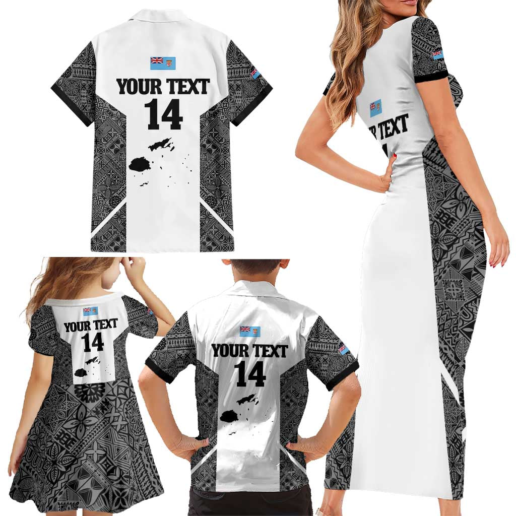 Custom Fiji Tapa Rugby Family Matching Short Sleeve Bodycon Dress and Hawaiian Shirt Flying Fijian Black And White Version LT14 - Polynesian Pride