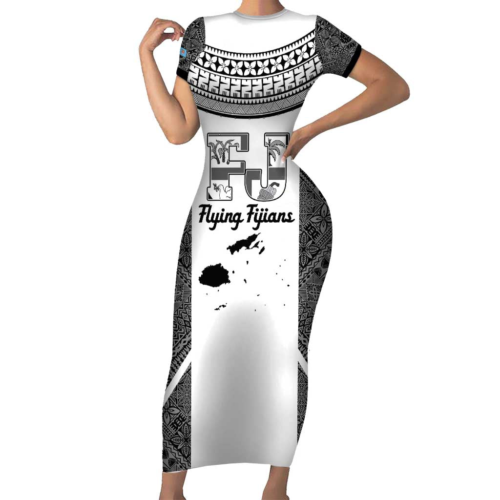 Custom Fiji Tapa Rugby Family Matching Short Sleeve Bodycon Dress and Hawaiian Shirt Flying Fijian Black And White Version LT14 Mom's Dress Black - Polynesian Pride