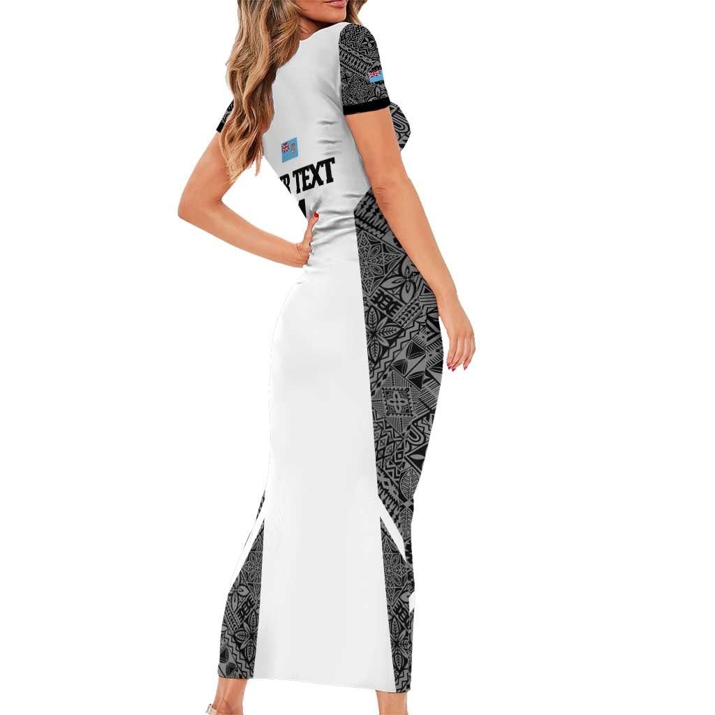 Custom Fiji Tapa Rugby Family Matching Short Sleeve Bodycon Dress and Hawaiian Shirt Flying Fijian Black And White Version LT14 - Polynesian Pride