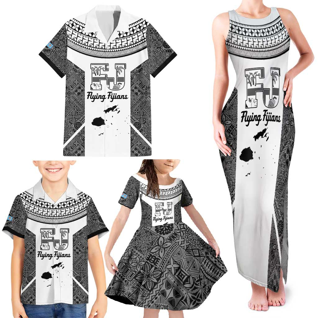Custom Fiji Tapa Rugby Family Matching Tank Maxi Dress and Hawaiian Shirt Flying Fijian Black And White Version