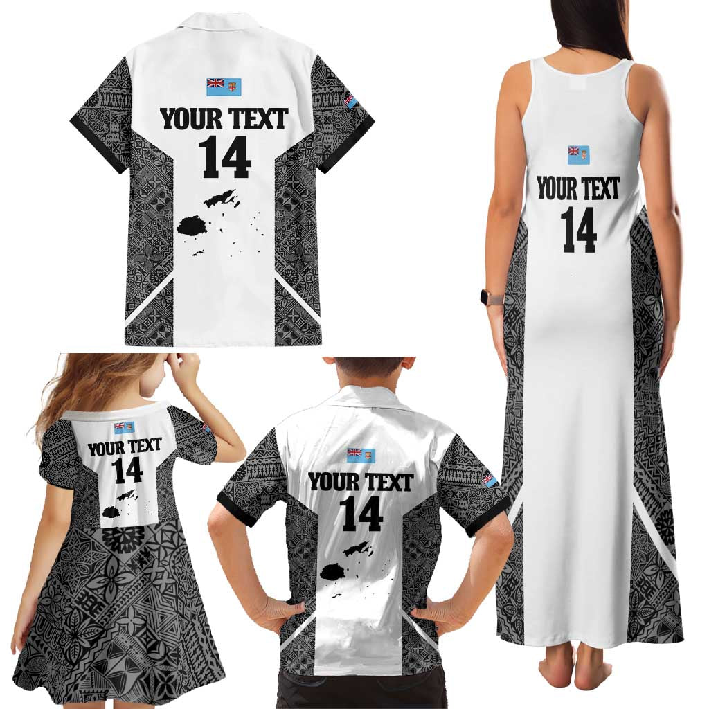 Custom Fiji Tapa Rugby Family Matching Tank Maxi Dress and Hawaiian Shirt Flying Fijian Black And White Version LT14 - Polynesian Pride