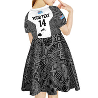 Custom Fiji Tapa Rugby Kid Short Sleeve Dress Flying Fijian Black And White Version