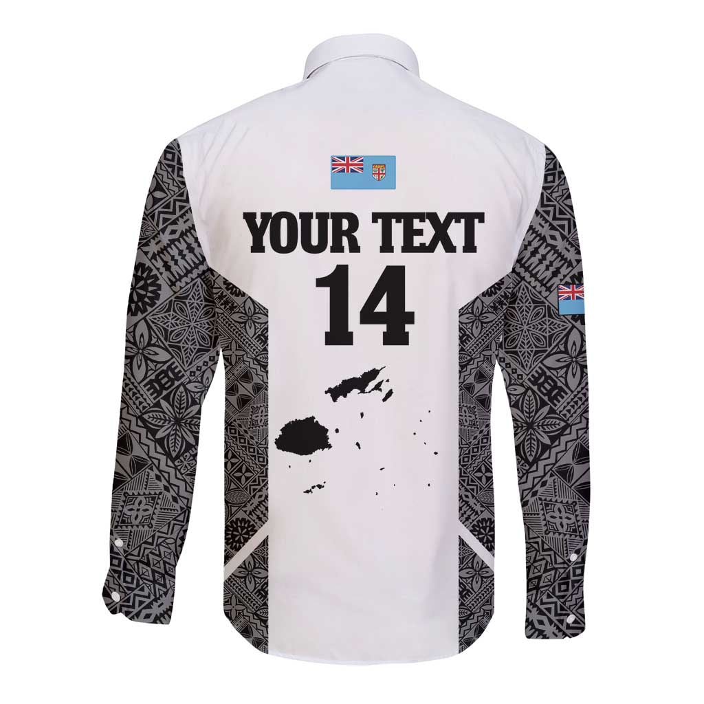 Custom Fiji Tapa Rugby Long Sleeve Button Shirt Flying Fijian Black And White Version