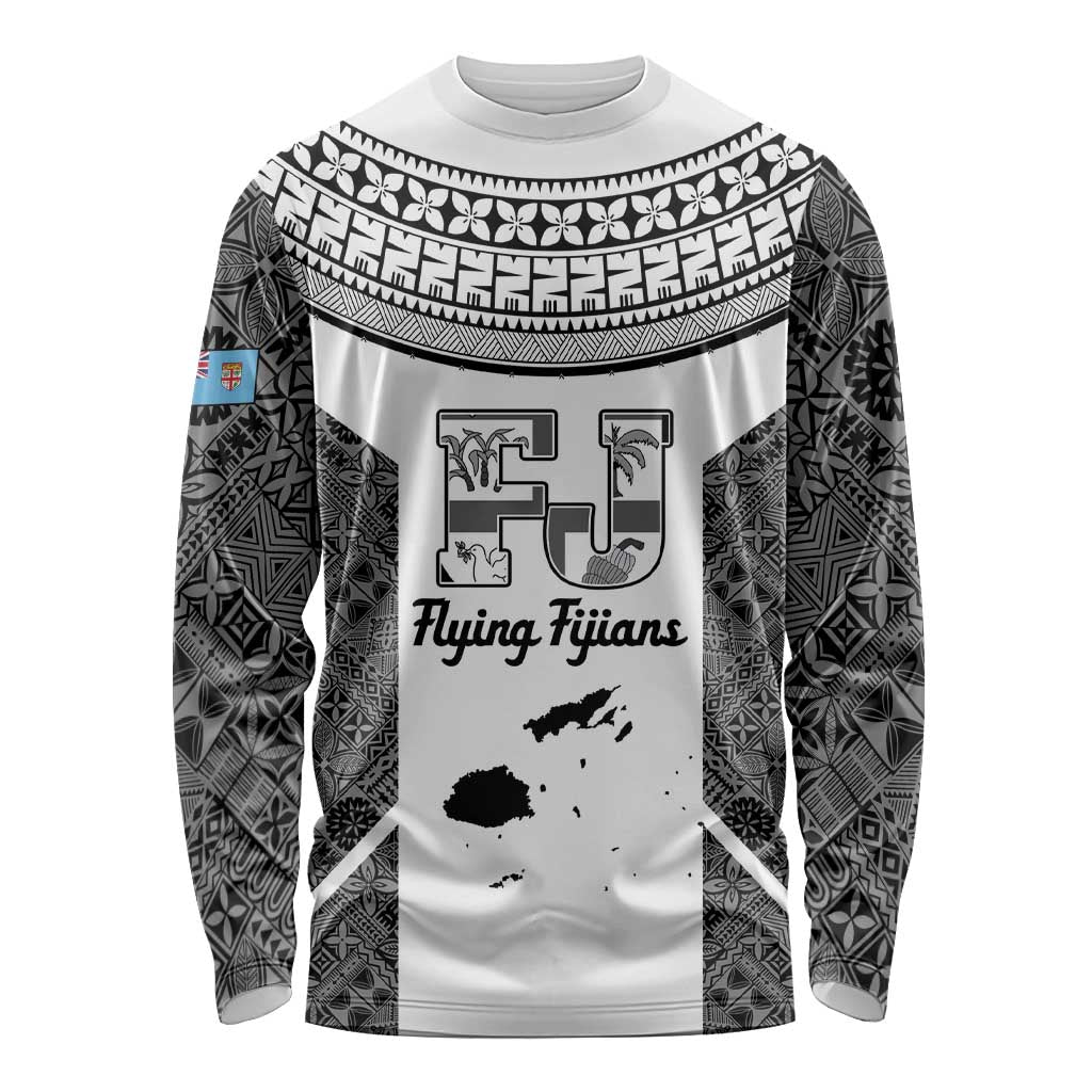 Custom Fiji Tapa Rugby Long Sleeve Shirt Flying Fijian Black And White Version