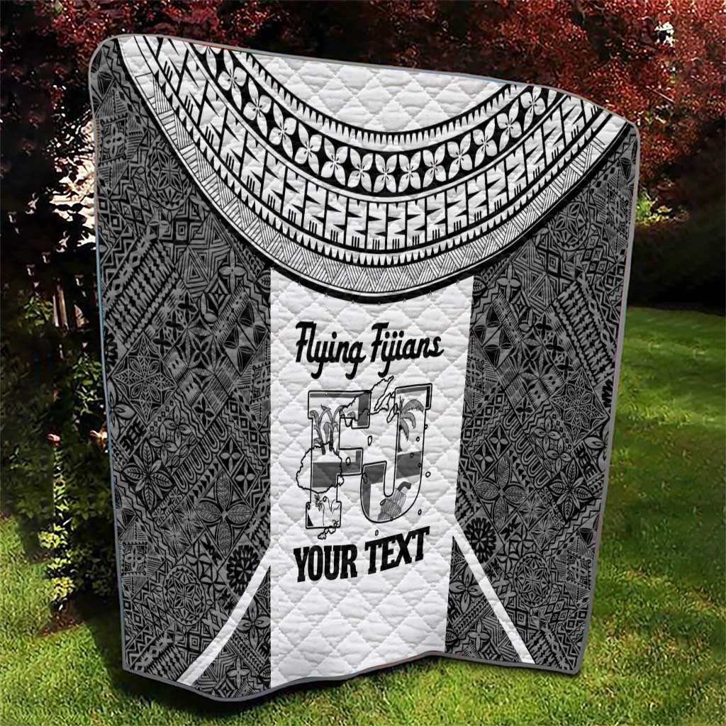 Custom Fiji Tapa Rugby Quilt Flying Fijian Black And White Version