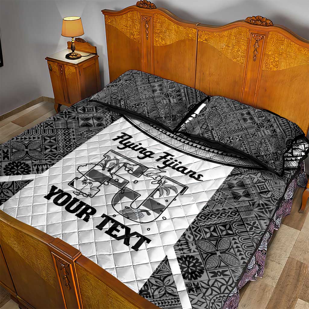 Custom Fiji Tapa Rugby Quilt Bed Set Flying Fijian Black And White Version