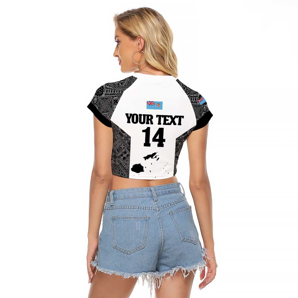 Custom Fiji Tapa Rugby Raglan Cropped T Shirt Flying Fijian Black And White Version