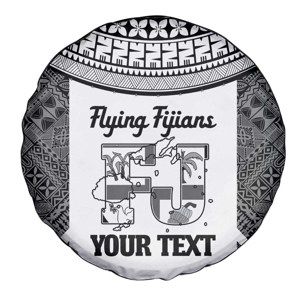 Custom Fiji Tapa Rugby Spare Tire Cover Flying Fijian Black And White Version
