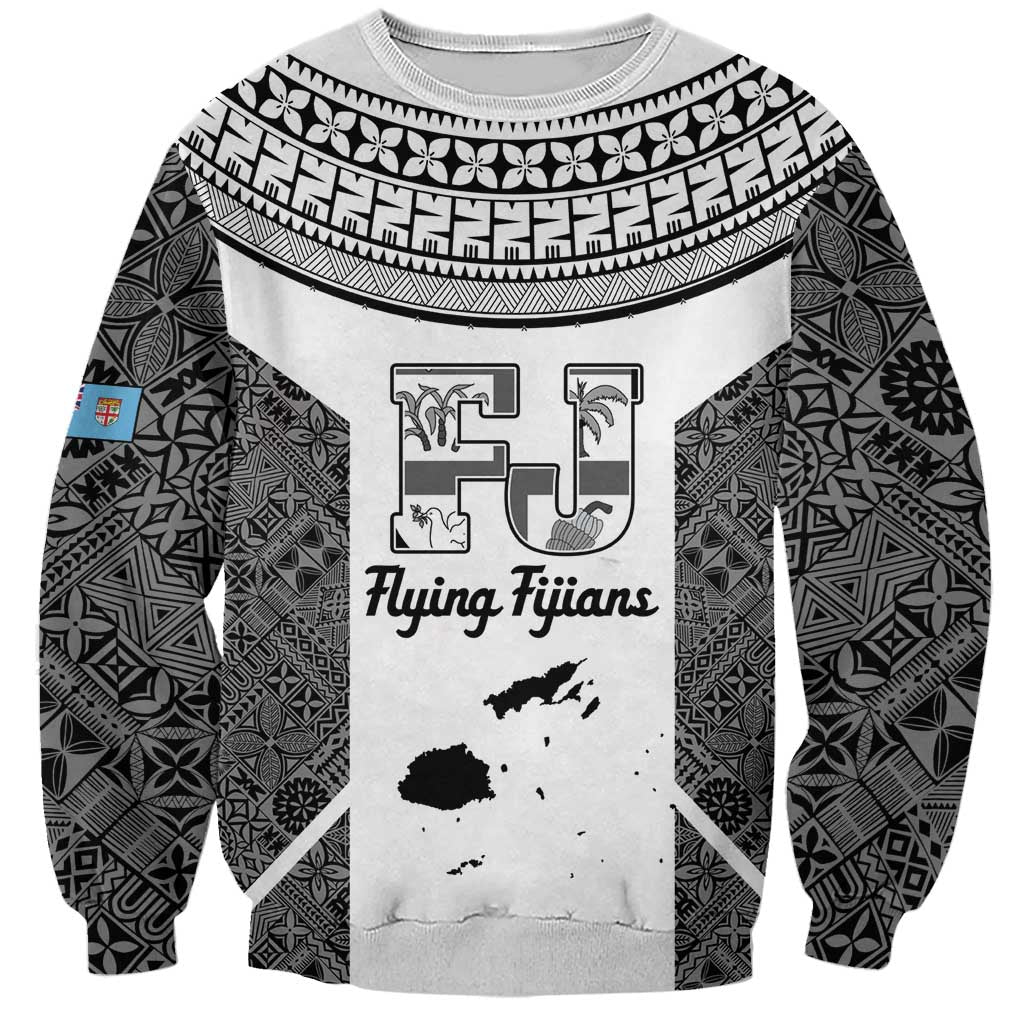 Custom Fiji Tapa Rugby Sweatshirt Flying Fijian Black And White Version
