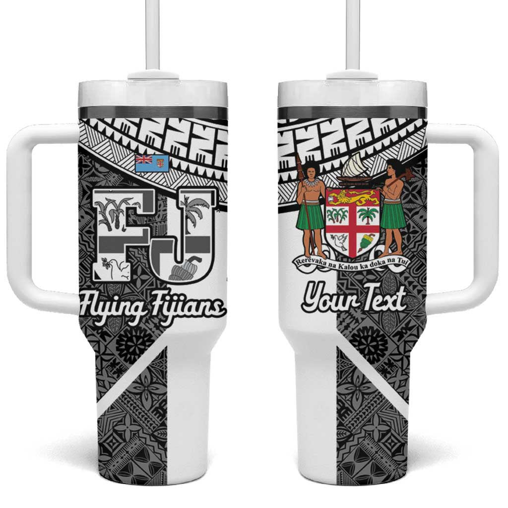 Custom Fiji Tapa Rugby Tumbler With Handle Flying Fijian Black And White Version