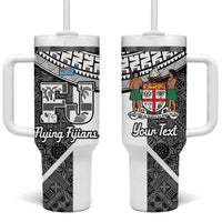 Custom Fiji Tapa Rugby Tumbler With Handle Flying Fijian Black And White Version