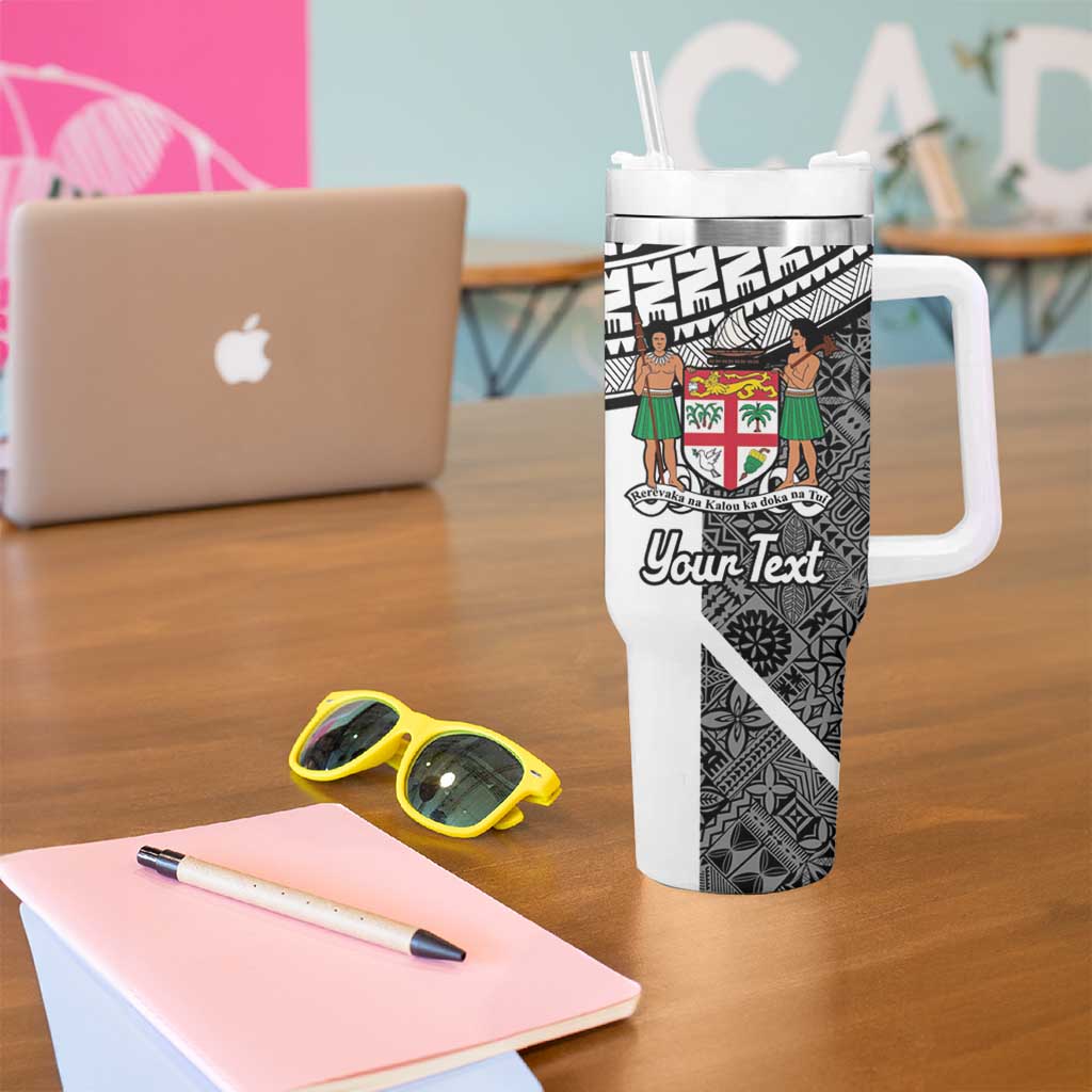 Custom Fiji Tapa Rugby Tumbler With Handle Flying Fijian Black And White Version