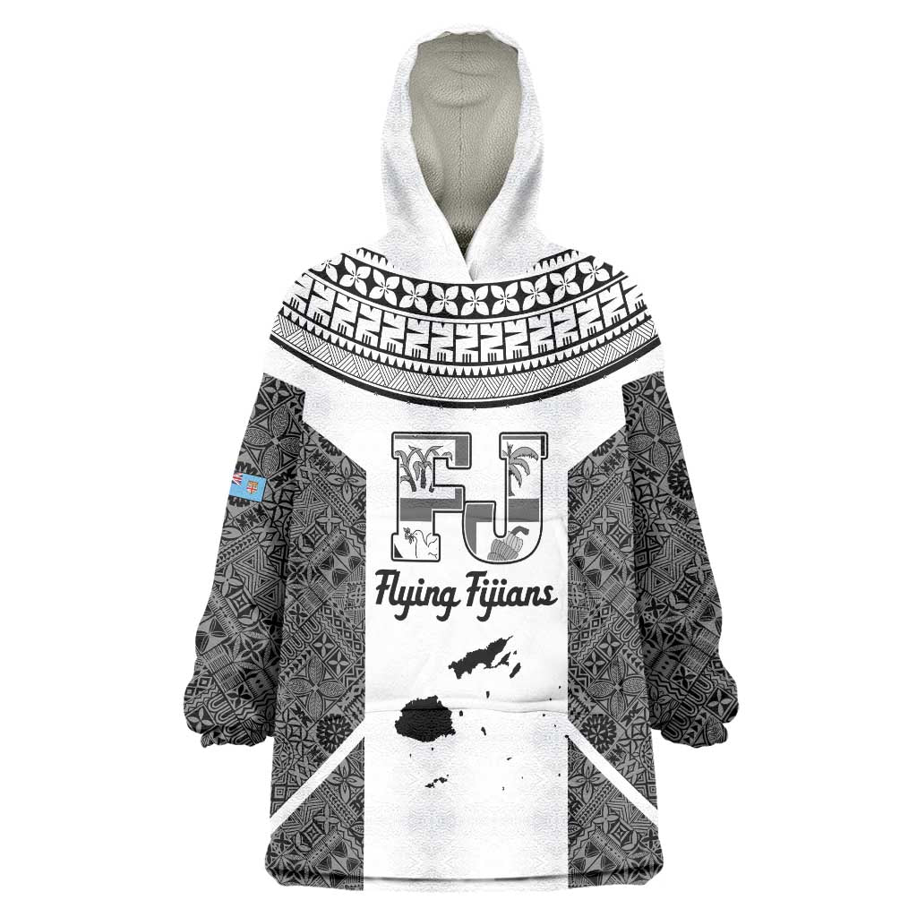 Custom Fiji Tapa Rugby Wearable Blanket Hoodie Flying Fijian Black And White Version