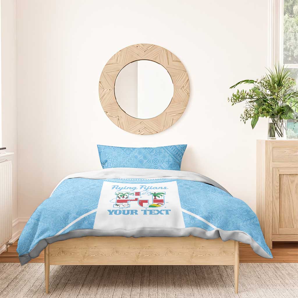 Custom Fiji Tapa Rugby Bedding Set Flying Fijian Blue And White Version