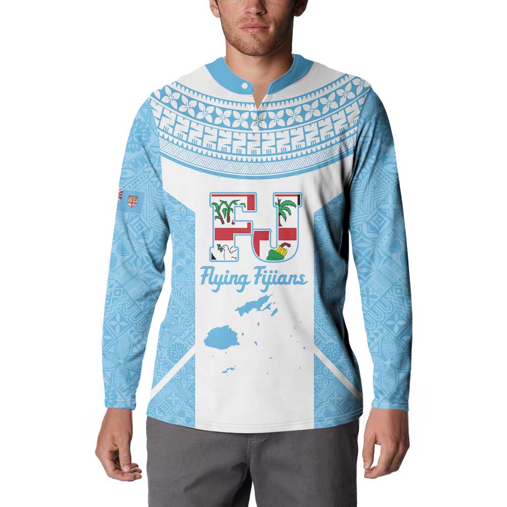 Custom Fiji Tapa Rugby Button Sweatshirt Flying Fijian Blue And White Version