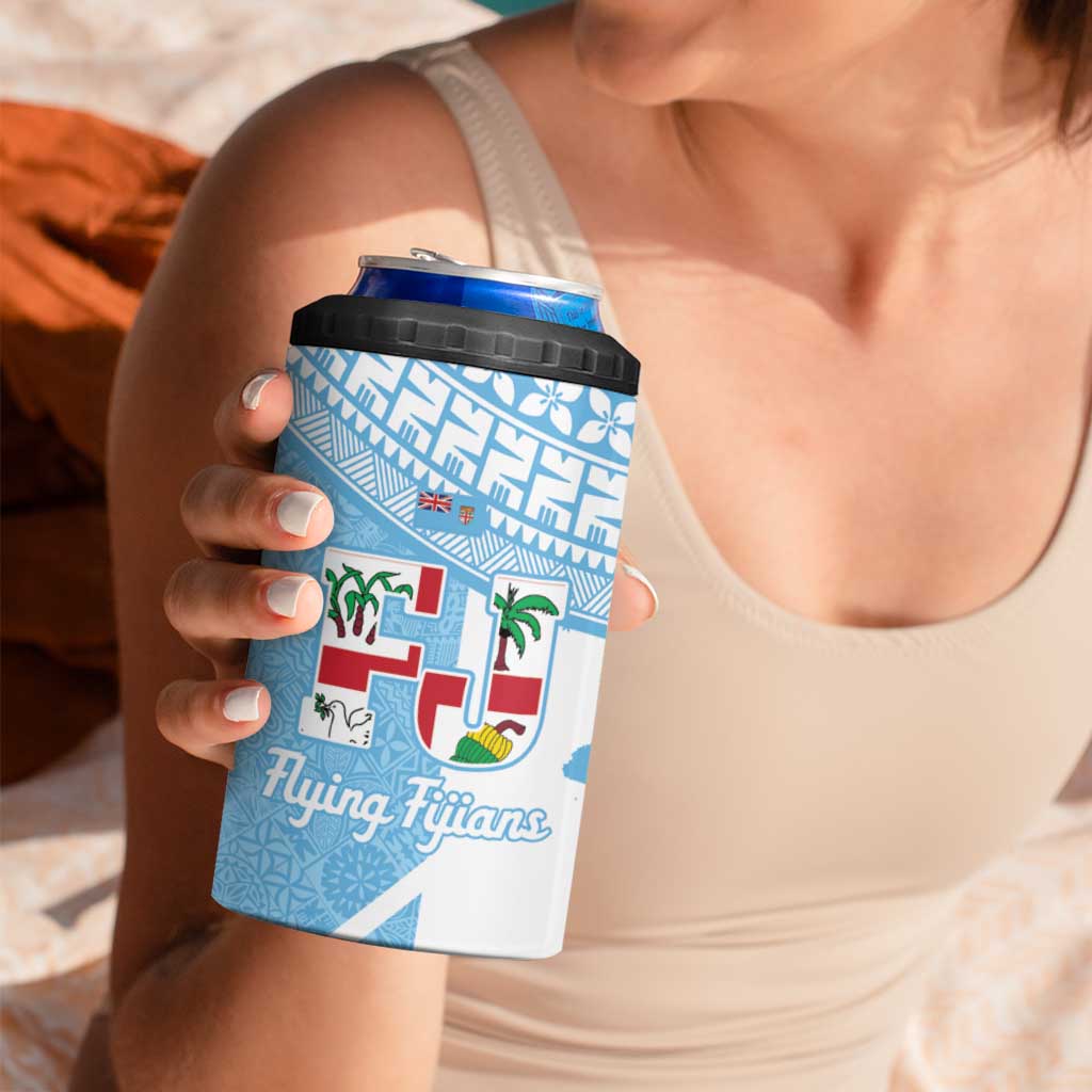 Custom Fiji Tapa Rugby 4 in 1 Can Cooler Tumbler Flying Fijian Blue And White Version