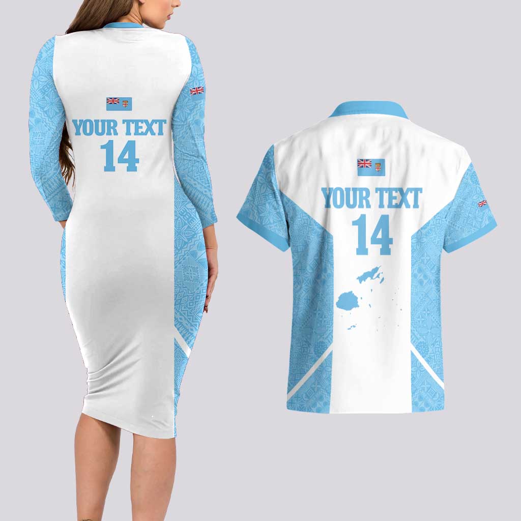 Custom Fiji Tapa Rugby Couples Matching Long Sleeve Bodycon Dress and Hawaiian Shirt Flying Fijian Blue And White Version LT14 - Polynesian Pride
