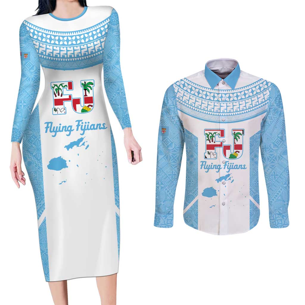 Custom Fiji Tapa Rugby Couples Matching Long Sleeve Bodycon Dress and Long Sleeve Button Shirt Flying Fijian Blue And White Version LT14 Blue - Polynesian Pride