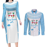 Custom Fiji Tapa Rugby Couples Matching Long Sleeve Bodycon Dress and Long Sleeve Button Shirt Flying Fijian Blue And White Version LT14 Blue - Polynesian Pride