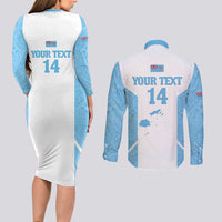 Custom Fiji Tapa Rugby Couples Matching Long Sleeve Bodycon Dress and Long Sleeve Button Shirt Flying Fijian Blue And White Version LT14 - Polynesian Pride