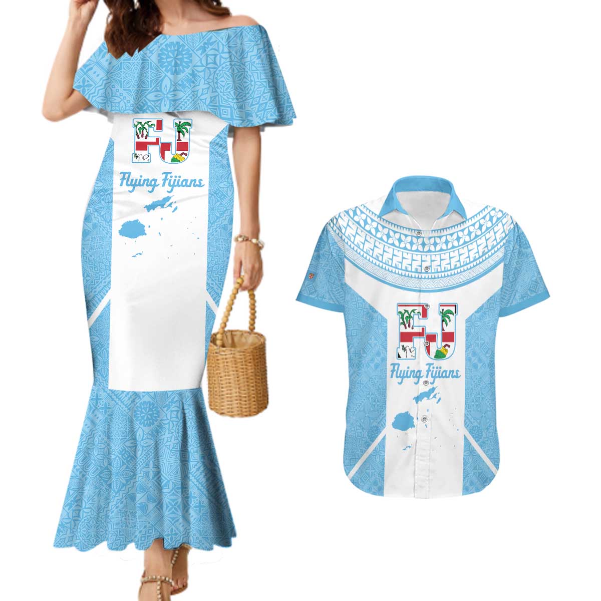 Custom Fiji Tapa Rugby Couples Matching Mermaid Dress and Hawaiian Shirt Flying Fijian Blue And White Version LT14 Blue - Polynesian Pride