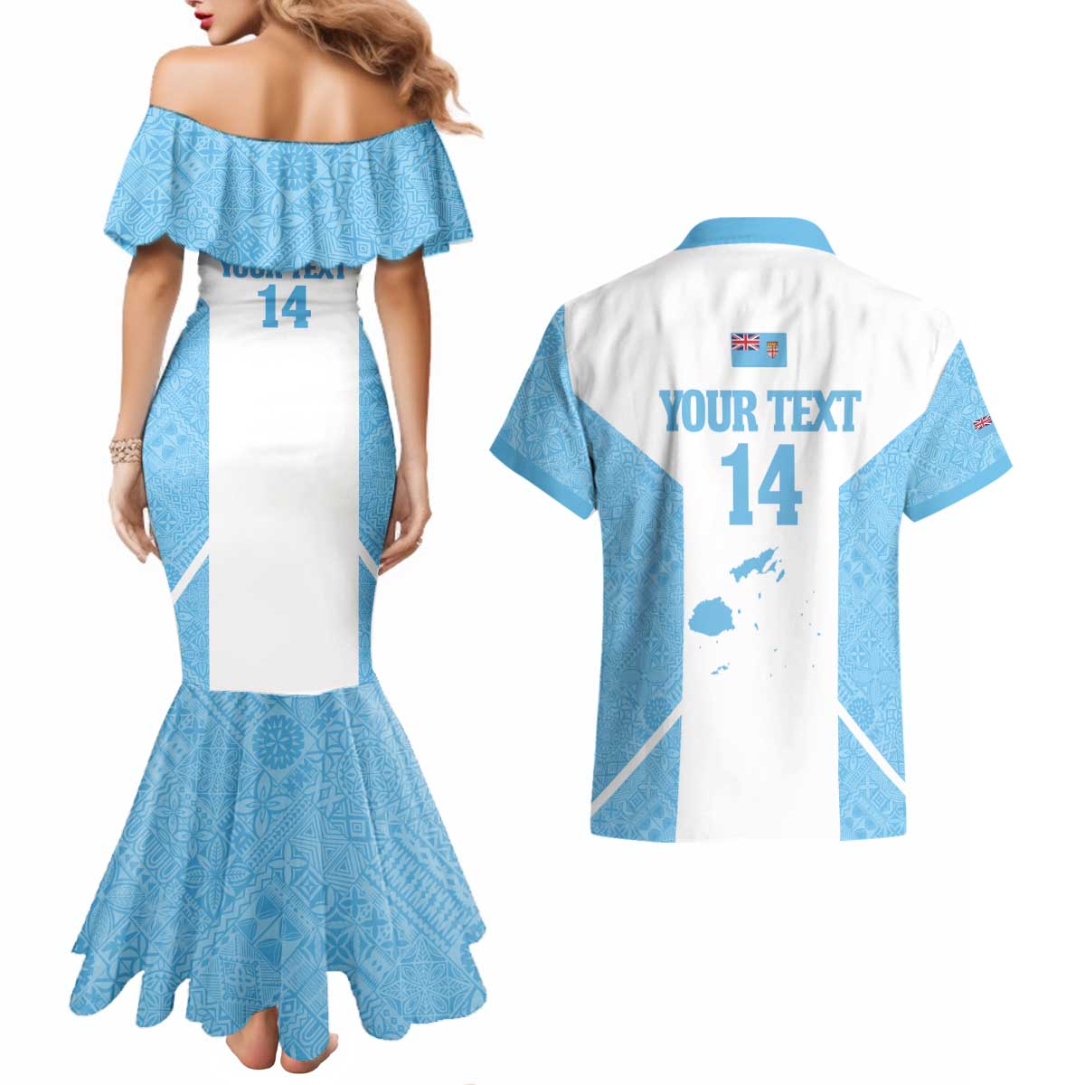Custom Fiji Tapa Rugby Couples Matching Mermaid Dress and Hawaiian Shirt Flying Fijian Blue And White Version LT14 - Polynesian Pride