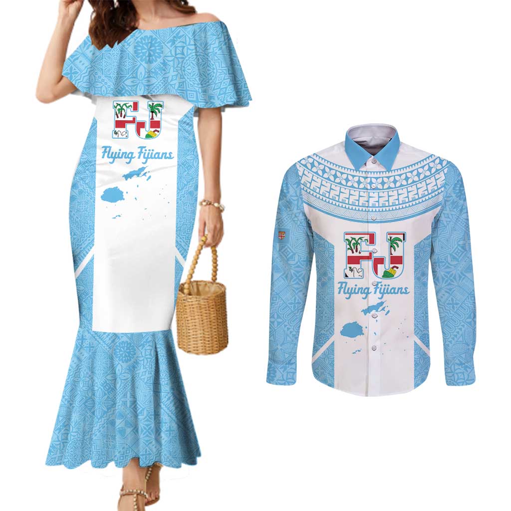 Custom Fiji Tapa Rugby Couples Matching Mermaid Dress and Long Sleeve Button Shirt Flying Fijian Blue And White Version LT14 Blue - Polynesian Pride