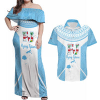 Custom Fiji Tapa Rugby Couples Matching Off Shoulder Maxi Dress and Hawaiian Shirt Flying Fijian Blue And White Version LT14 Blue - Polynesian Pride