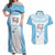 Custom Fiji Tapa Rugby Couples Matching Off Shoulder Maxi Dress and Hawaiian Shirt Flying Fijian Blue And White Version