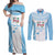 Custom Fiji Tapa Rugby Couples Matching Off Shoulder Maxi Dress and Long Sleeve Button Shirt Flying Fijian Blue And White Version