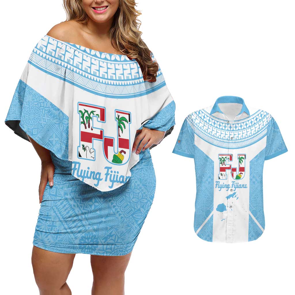 Custom Fiji Tapa Rugby Couples Matching Off Shoulder Short Dress and Hawaiian Shirt Flying Fijian Blue And White Version LT14 Blue - Polynesian Pride