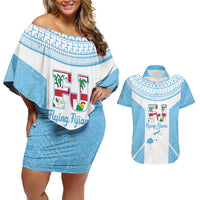 Custom Fiji Tapa Rugby Couples Matching Off Shoulder Short Dress and Hawaiian Shirt Flying Fijian Blue And White Version LT14 Blue - Polynesian Pride