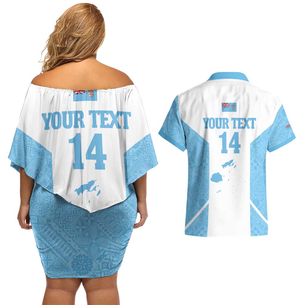 Custom Fiji Tapa Rugby Couples Matching Off Shoulder Short Dress and Hawaiian Shirt Flying Fijian Blue And White Version LT14 - Polynesian Pride