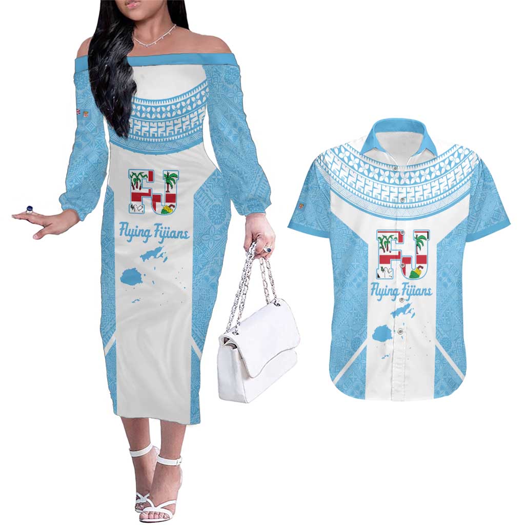 Custom Fiji Tapa Rugby Couples Matching Off The Shoulder Long Sleeve Dress and Hawaiian Shirt Flying Fijian Blue And White Version LT14 Blue - Polynesian Pride