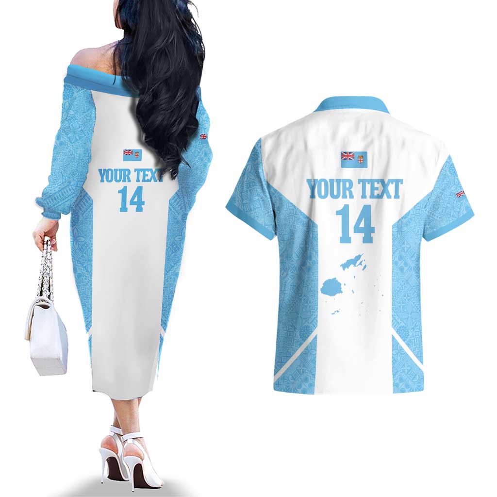 Custom Fiji Tapa Rugby Couples Matching Off The Shoulder Long Sleeve Dress and Hawaiian Shirt Flying Fijian Blue And White Version LT14 - Polynesian Pride