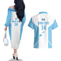 Custom Fiji Tapa Rugby Couples Matching Off The Shoulder Long Sleeve Dress and Hawaiian Shirt Flying Fijian Blue And White Version LT14 - Polynesian Pride