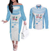 Custom Fiji Tapa Rugby Couples Matching Off The Shoulder Long Sleeve Dress and Long Sleeve Button Shirt Flying Fijian Blue And White Version LT14 Blue - Polynesian Pride