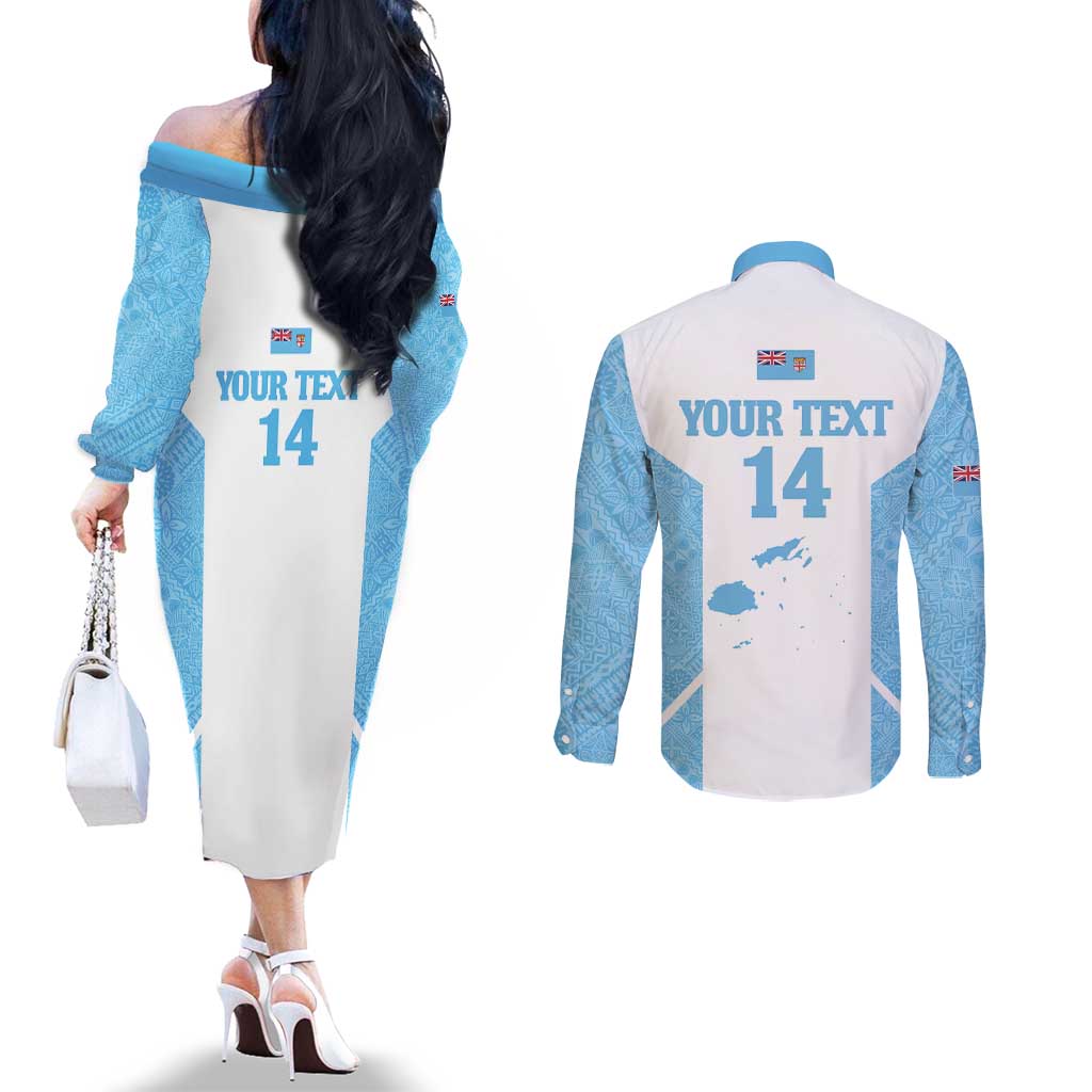 Custom Fiji Tapa Rugby Couples Matching Off The Shoulder Long Sleeve Dress and Long Sleeve Button Shirt Flying Fijian Blue And White Version LT14 - Polynesian Pride