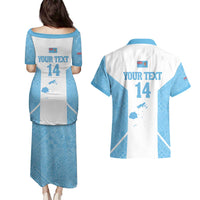 Custom Fiji Tapa Rugby Couples Matching Puletasi and Hawaiian Shirt Flying Fijian Blue And White Version