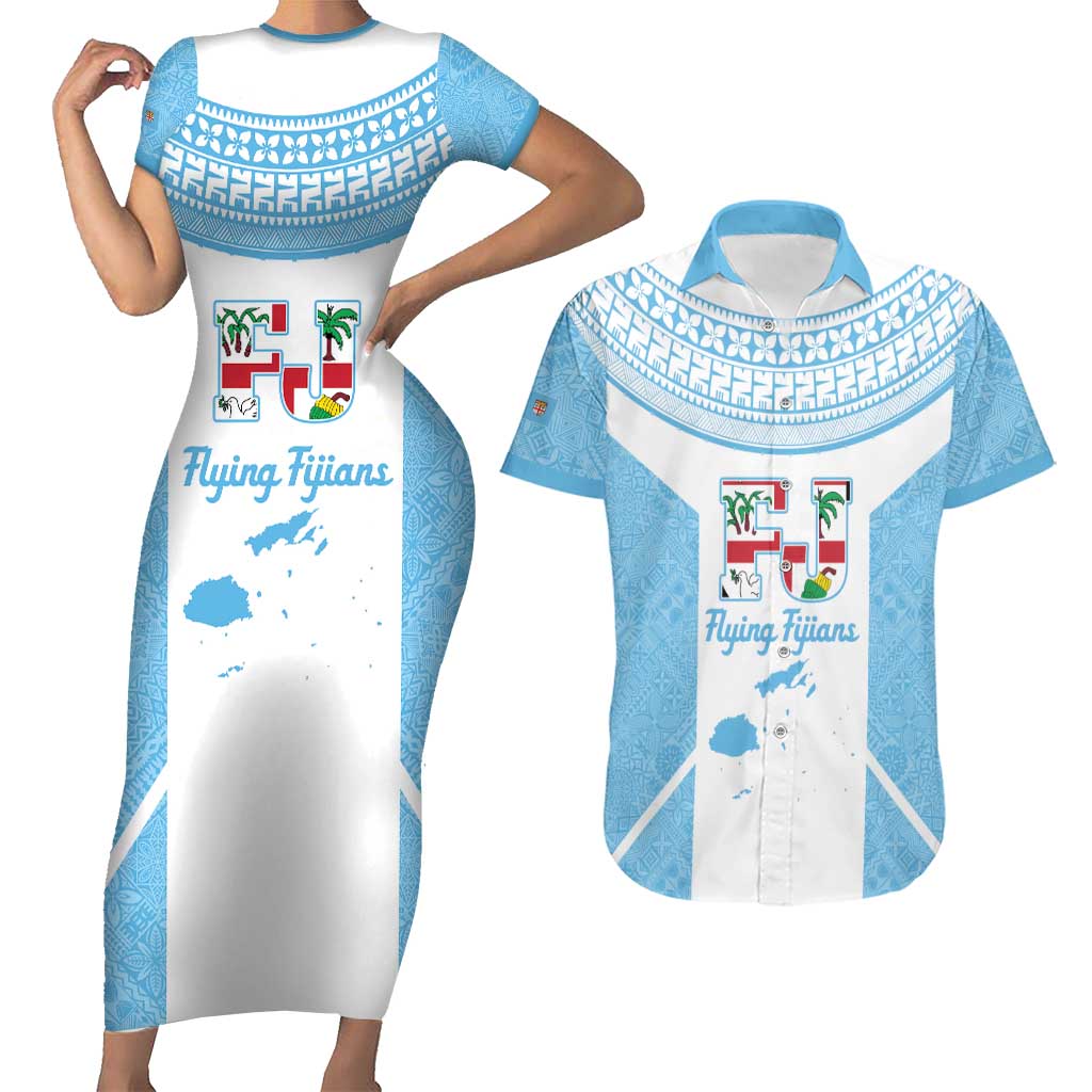 Custom Fiji Tapa Rugby Couples Matching Short Sleeve Bodycon Dress and Hawaiian Shirt Flying Fijian Blue And White Version LT14 Blue - Polynesian Pride