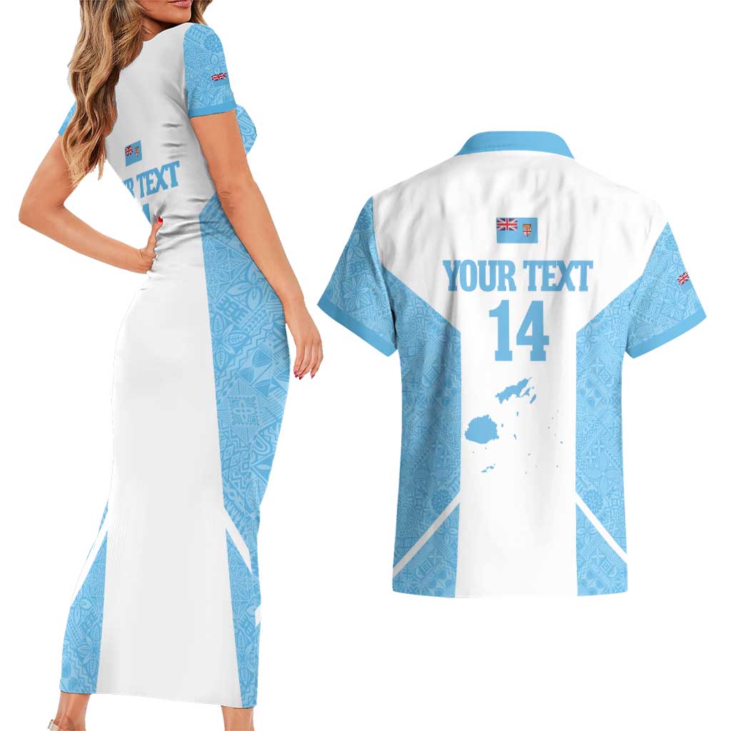 Custom Fiji Tapa Rugby Couples Matching Short Sleeve Bodycon Dress and Hawaiian Shirt Flying Fijian Blue And White Version LT14 - Polynesian Pride