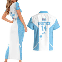 Custom Fiji Tapa Rugby Couples Matching Short Sleeve Bodycon Dress and Hawaiian Shirt Flying Fijian Blue And White Version LT14 - Polynesian Pride