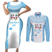 Custom Fiji Tapa Rugby Couples Matching Short Sleeve Bodycon Dress and Long Sleeve Button Shirt Flying Fijian Blue And White Version LT14 Blue - Polynesian Pride